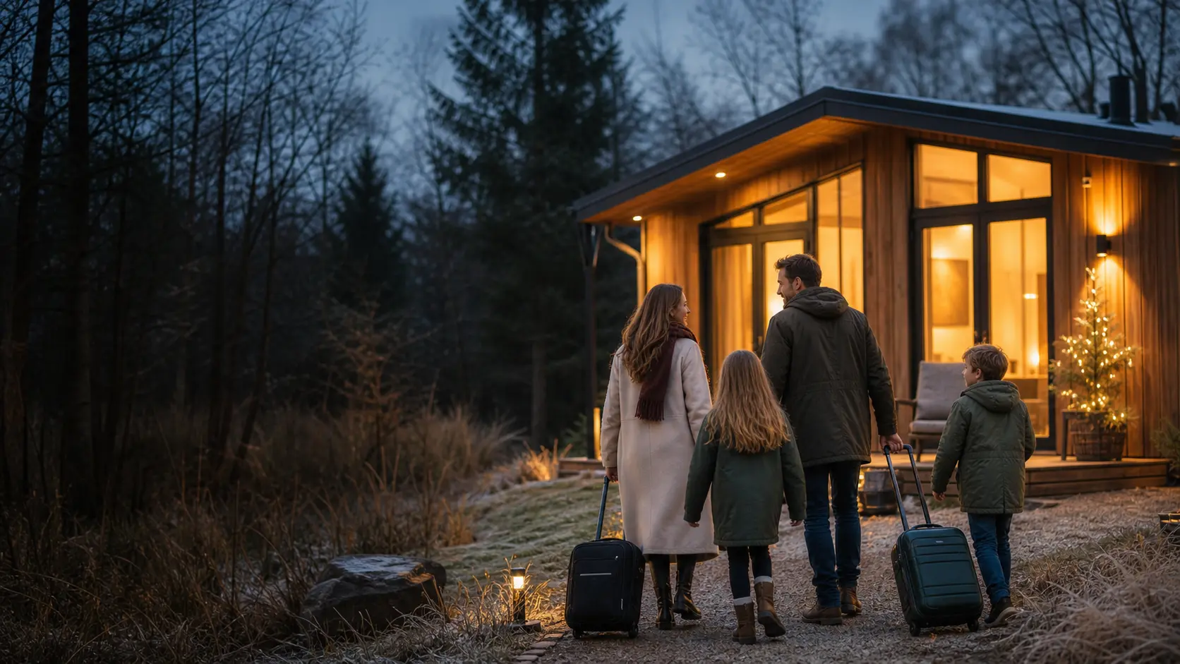 Gezin arriveert in de winter bij een sfeervol verlicht vakantiehuis