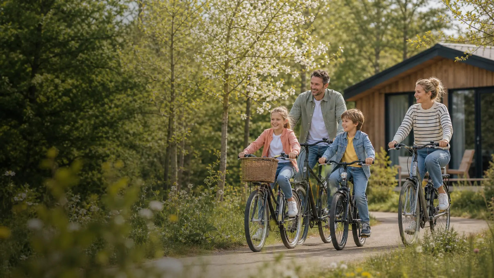 Gezin fietst in het voorjaar door een groen vakantiepark